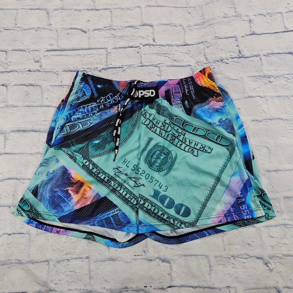 PSD Mesh Shorts Men XL Teal Multi Money Print Graphic Streetwear Basketball